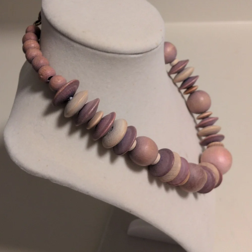 Elegant Purple‎ Pink Tan Wood Beaded Necklace